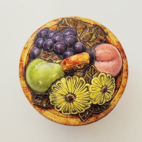 Vintage 70s Handcrafted Glazed Ceramic Basket Weave Bowl w/ 3D Fruit Flower Lid - Picture 2 of 10